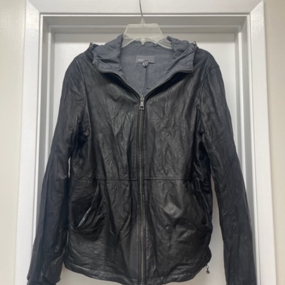 VINCE Black Lamb Leather Reversible Hooded Jacket EUC